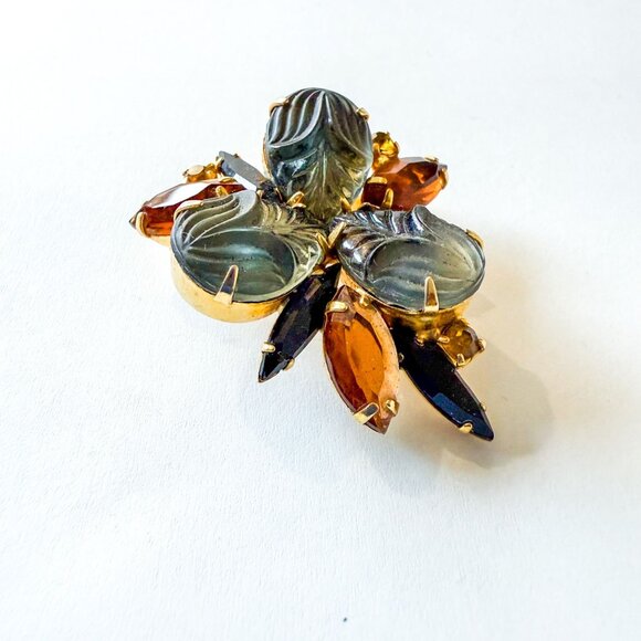 Vintage Juliana Etched Art Glass Grey Brooch  Amber Black Rhinestones - Picture 2 of 6